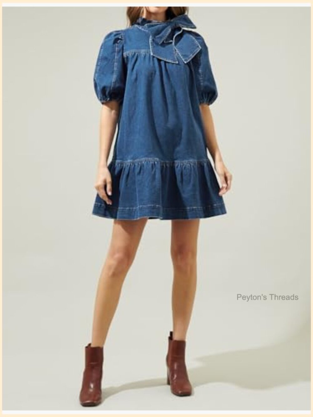 Puff Short Sleeve Denim Dress Mock Neck Babydoll Shift Dress with Bow - Picture 5 of 7